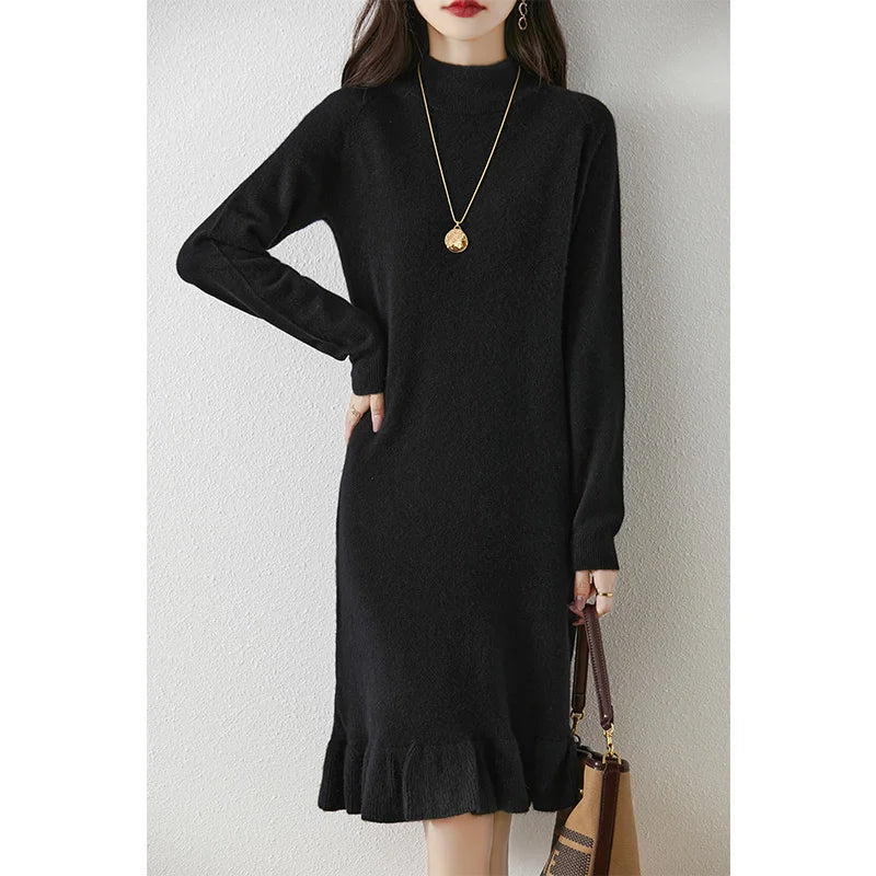 Women's Pure Wool Knitted Dress, High Collar, Pleated, Casual, Fashionable, Warm, 2024 Autumn And Winter