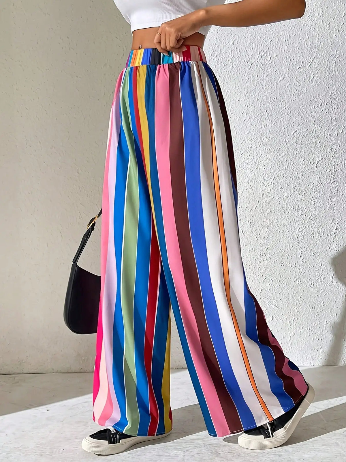 2026 Casual Women's Plus Size Elastic Waisted Colorful Striped Pants, Loose and Comfortable Wide Leg Pants, Long Pants