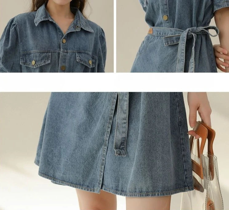2026 Summer New Slimming Short Sleeve Midi Denim Dress Stylish Trendy Waist Cinching Women's Popular Wear