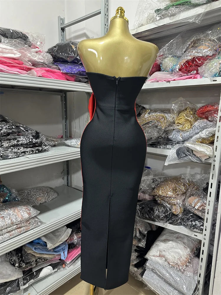 High Quality Women Sexy Strapless Off the Shoulder Bow Bodycon Long Bandage Dress Nightclub Party Celebrate Birthday Outfit