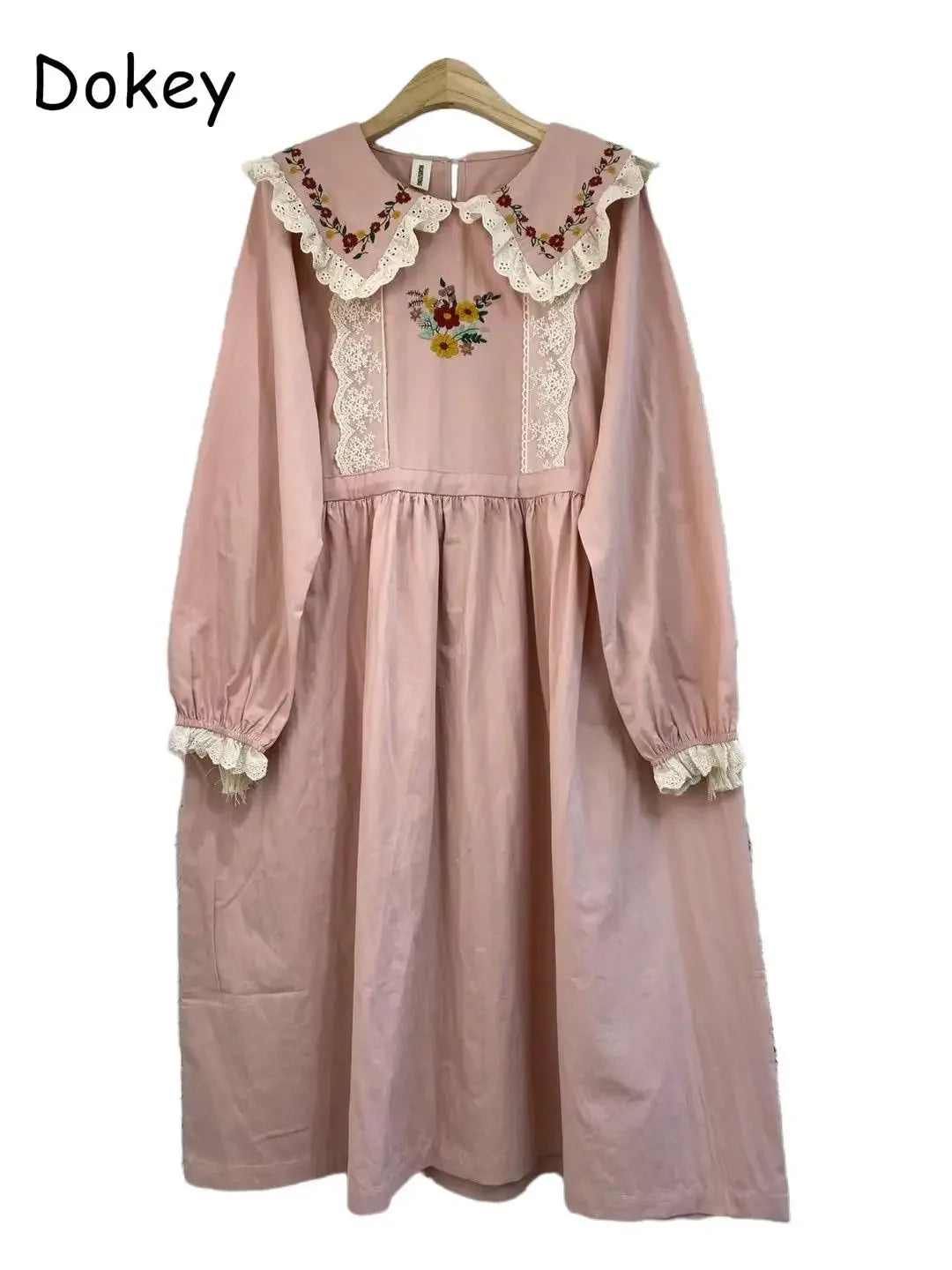 Mori Girl Floral Embroidery Cotton Linen Dress for Women, Autumn Lace, Peter Pan Collar, Kawaii Dress, Casual Long Sleeve Sundre