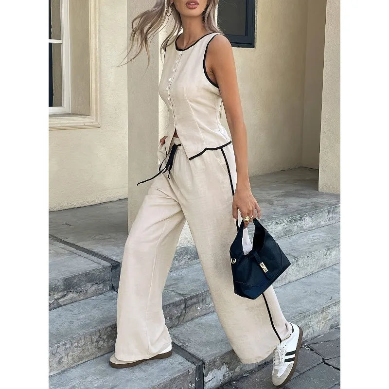 2026 New Multi Color Contrast Edge Tank Top and Trousers Suit Ladies Sleeveless Waistcoat Loose Pants Daily Travel Streetwear
