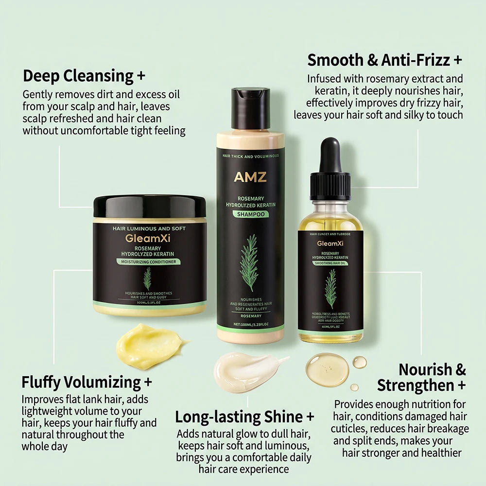 Rosemary Hair Set Shampoo Conditioner Oil Nourishing Smoothing Hydrating Silky Shine 3pcs Daily Care
