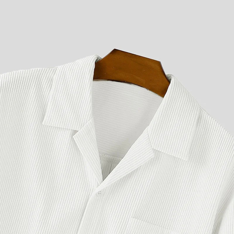 Autumn Men Corduroy Cropped Shirts Long Sleeve Solid Color Suit Collar Casual Blouse American Retro Premium Loose Cardigan Tops