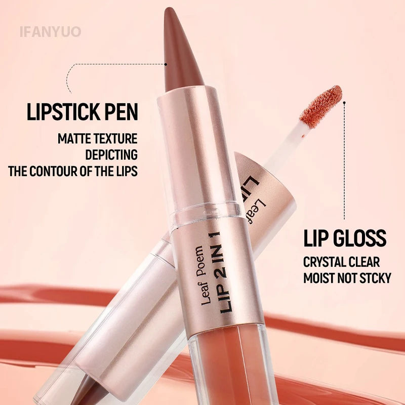 2 in 1 Lip Liner & Lip Gloss Waterproof Double Ended Matte Contour Pencil Crystal Mirror Lip Glaze Lasting Non Sticky Lip Makeup