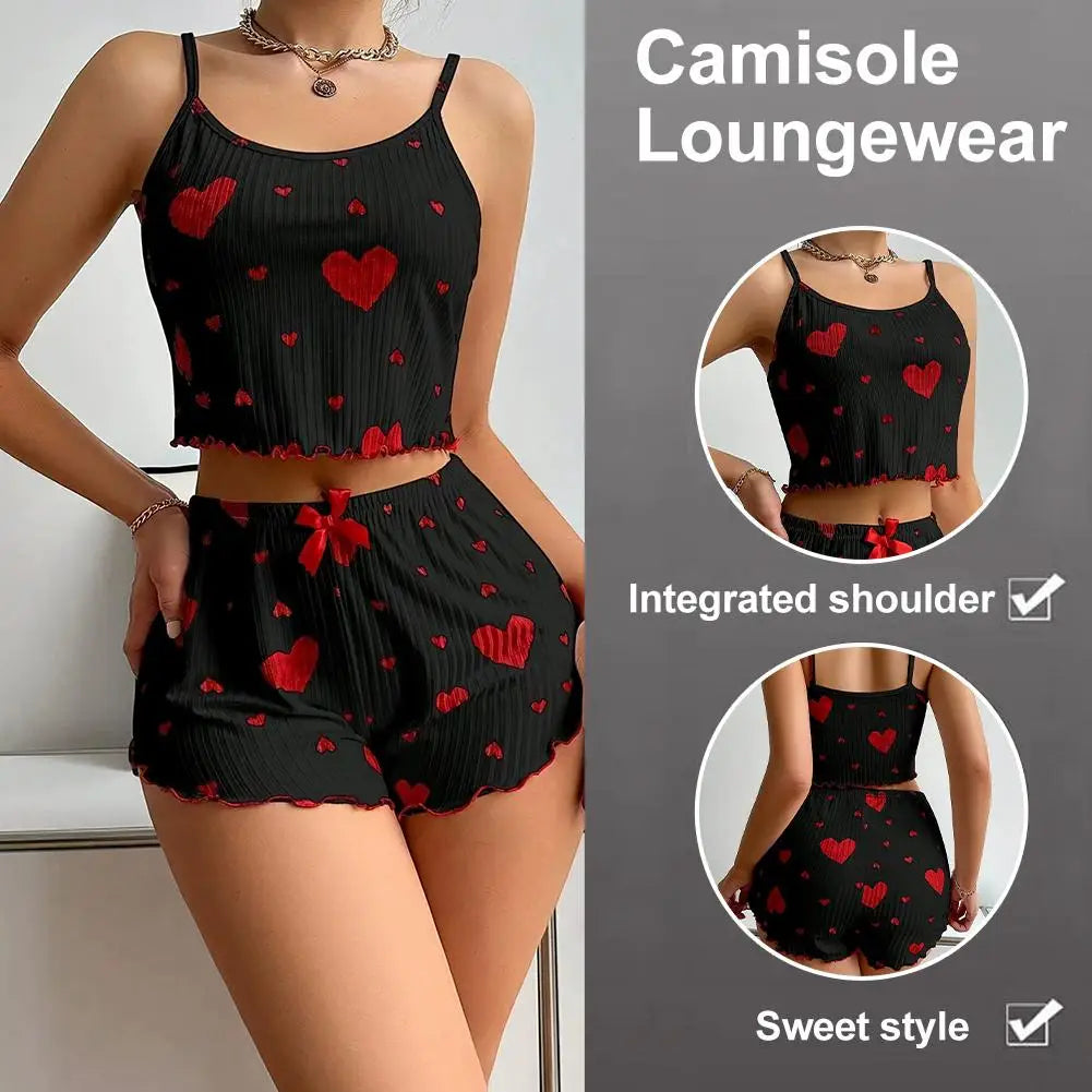 Women's Pajamas Set Sleepwear 2 PCS Short Tank Tops And Shorts S M L White Ventilate Soft Casual Heart Printing ﻿