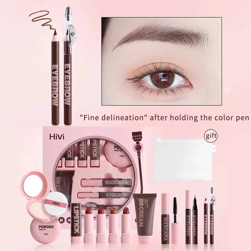 Women's Christmas makeup set, 9 lipsticks & powder press &BB cream & eyebrow pencil & mascara & eyeliner set,for women and girls