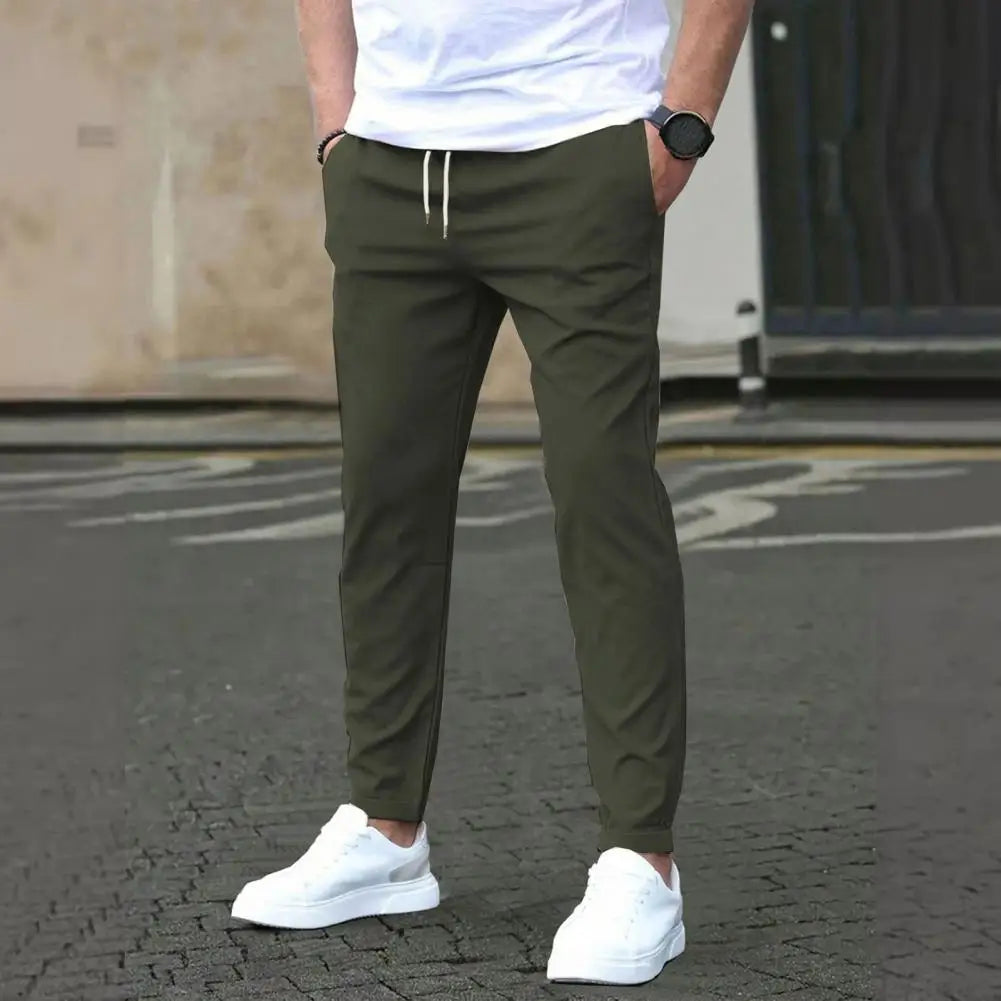 Slim Fit Pants Stylish Men's Slim Fit Drawstring Pants with Side Pockets for Commuting Travel Gym Elastic Waist Casual Trousers