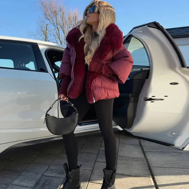Fashion Women's Faux Fur Hooded Winter Jackets 2025 Warm Patchwork Zipper Full Sleeve Coats Puffer Female Solid Down Jacket