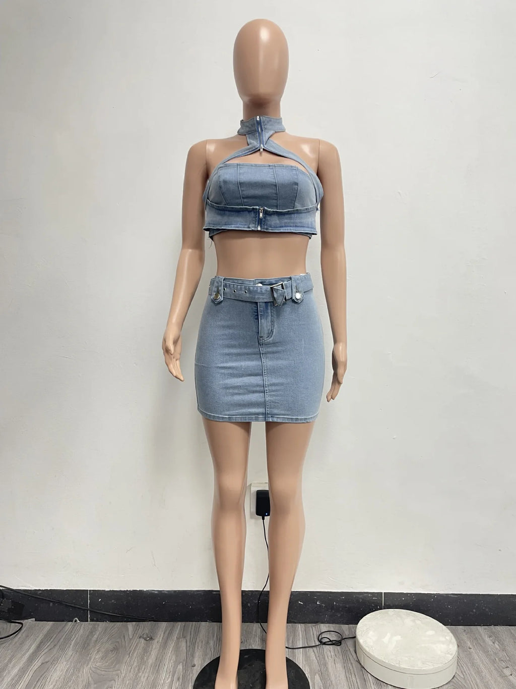 Streetwear Jeans Mini Skirt Outfit Sexy Women Elegant Two Pieces Denim Club Matching Set Top+Mini Skirt