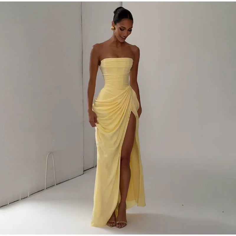Sexy Women Solid Pleated Strapless Chic Dress Lady V-neck Off-shoulder Backless High Waist Split Vestido 2026 Evening Party Gown