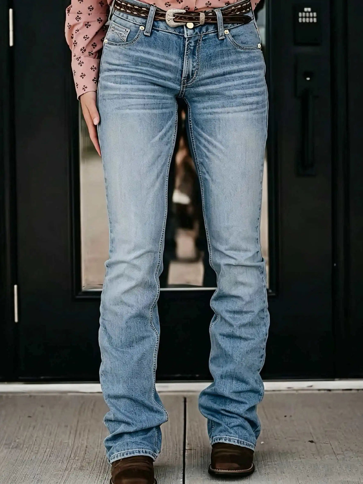 Light Blue High Elastic Bootcut Jeans Pants with Embroidered Back Pockets Slim Micro Flared Denim Trousers