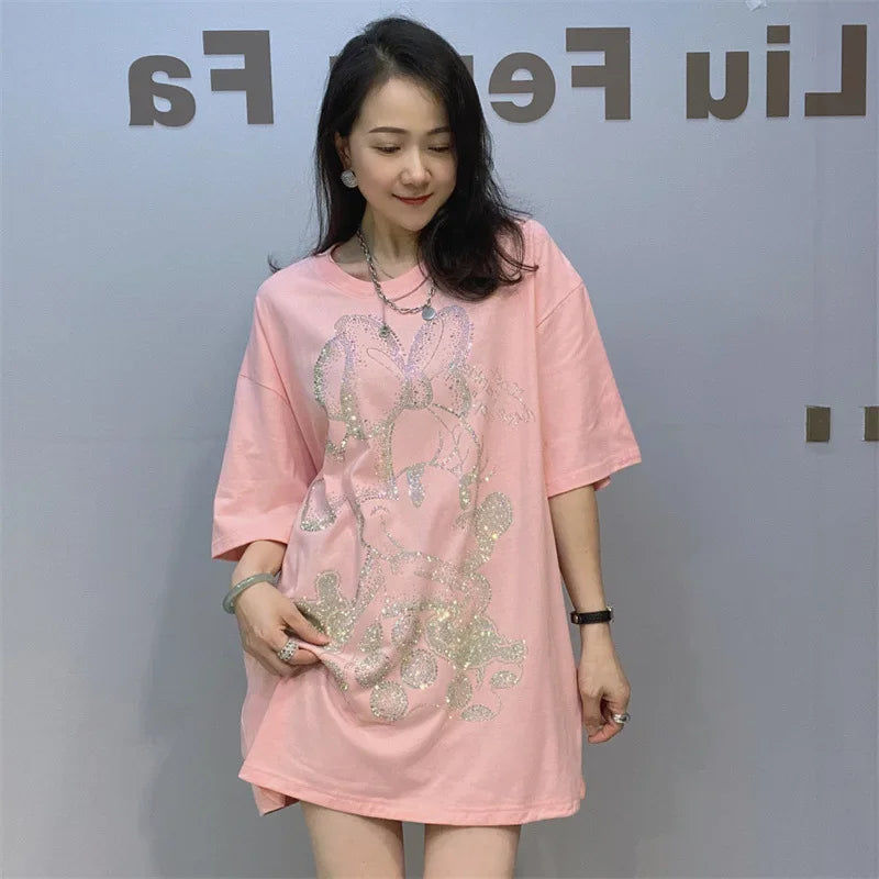 Loose Oversized T Shirt Women Rhinestones Cartoon Pattern Short Sleeve O Neck Pullovers Tops Tee Female Женская Одежда Plus Size