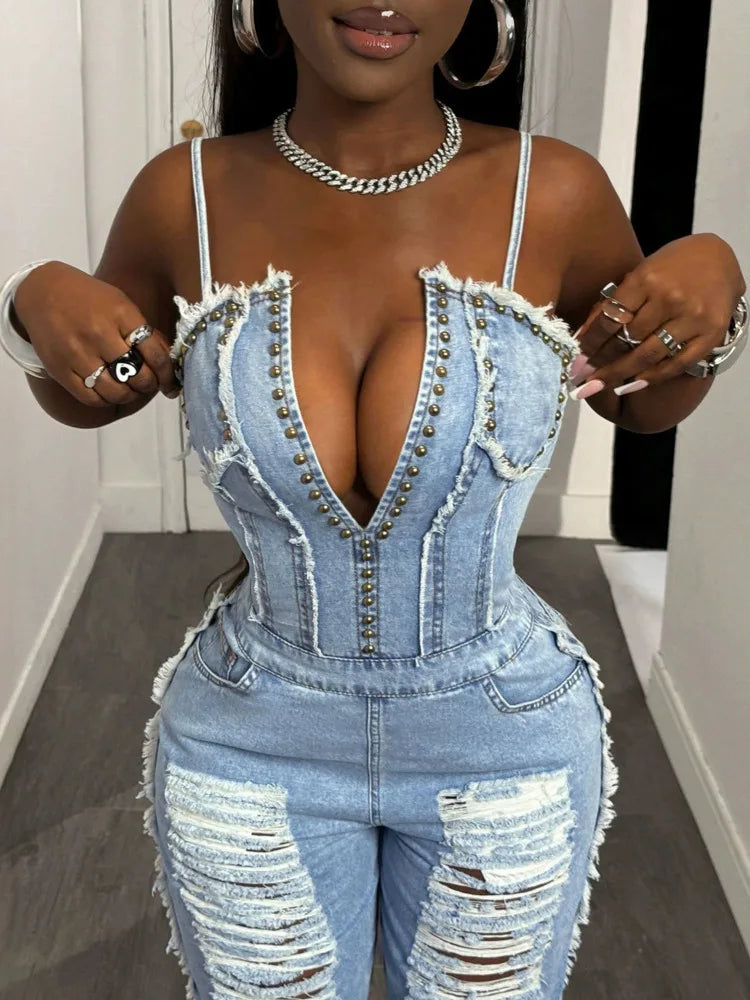 SHENGPALAE Women Denim Jumpsuit Spaghetti Strap Wide Leg Ripped Frayed Pocket Street Washed Autumn 2026 New 05E03276