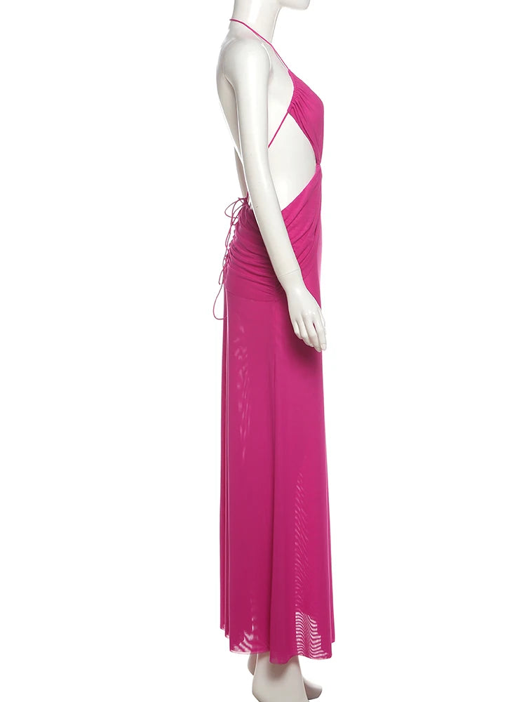 Nibber Waistless Ruched Sexy Dress Women Coquette V Neck Cross Backless Sleeveless Ruffles Splits Prom Party Hipster Vestidos