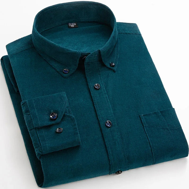 2025 Cotton Corduroy Casual Warm Solid  Shirt Long Sleeve Winter Regular Fit Mens Men's Shirts with Pokets
