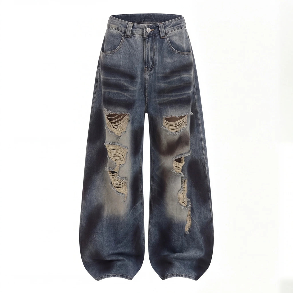 Women Summer Autumn Ripped Wide Leg Floor Length Jeans American Vintage Loose Slim Fit Design Casual Long Denim Trousers