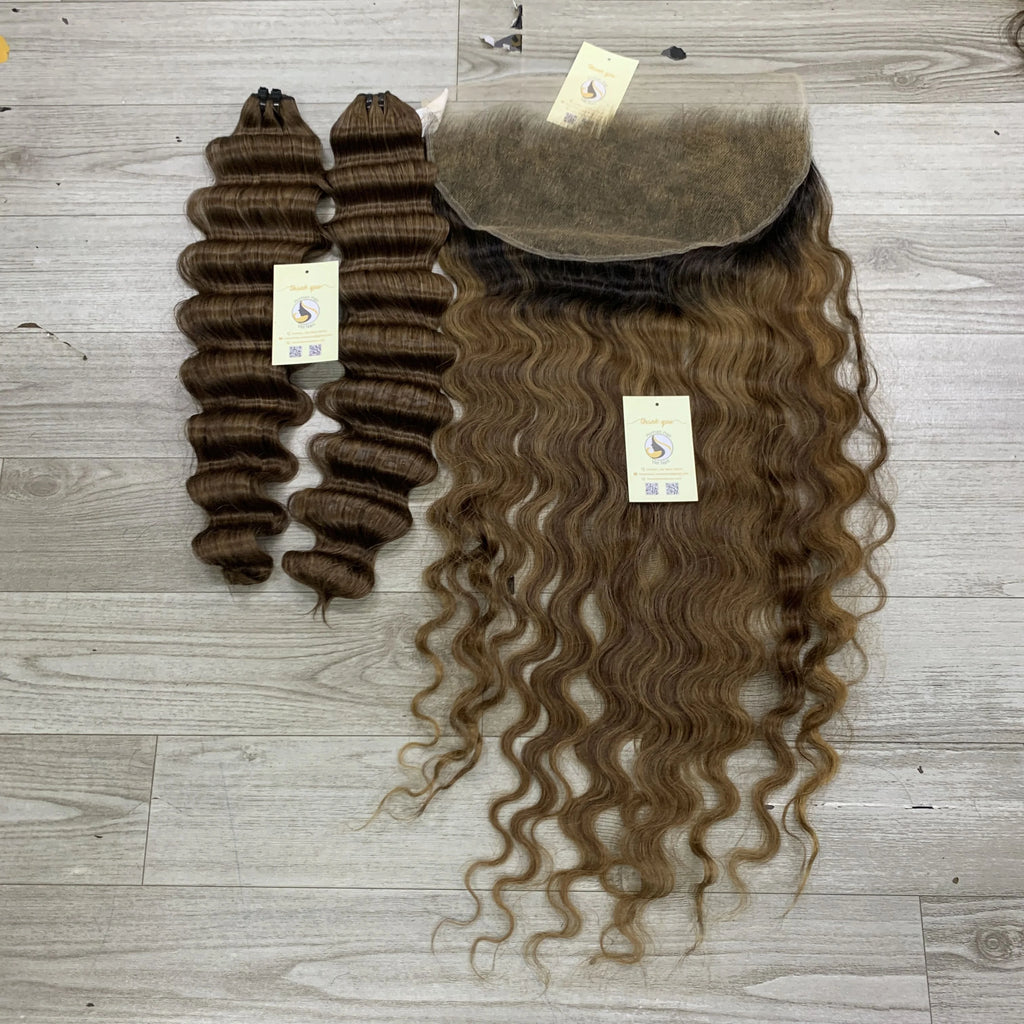 Premium Small Knots on Ombre Highlight 13x6 HD Frontal with bleached knots Raw Vietnamese Hair Swiss HD Lace