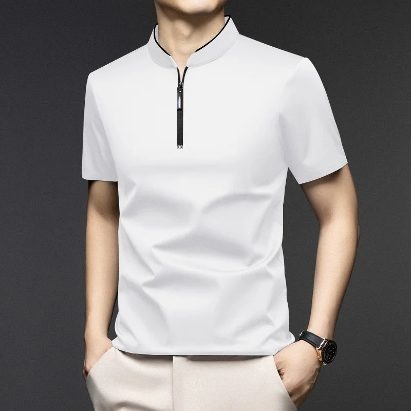 2025 New Men's Casual Fashion Zipper Solid Color Short Sleeved Polo Shirt Stand Up Collar Versatile Comfortable Top