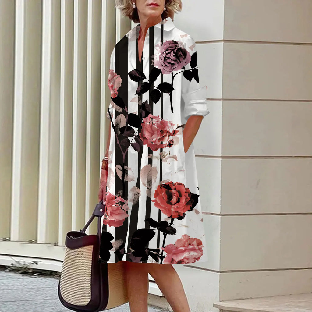 Spring and Summer Women's Dresses Fashion Lapel Printed Long Sleeve Shirt Street Shooting High Temperament New Traveling Gowns