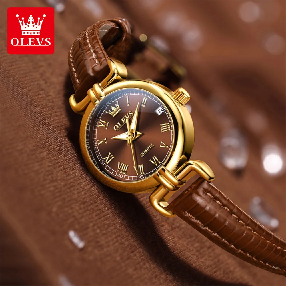 OLEVS 5645 New Women Watches Elegant Original Date Quartz Wristwatch Waterproof Luminous Watches For Woman Leather Strap Watch