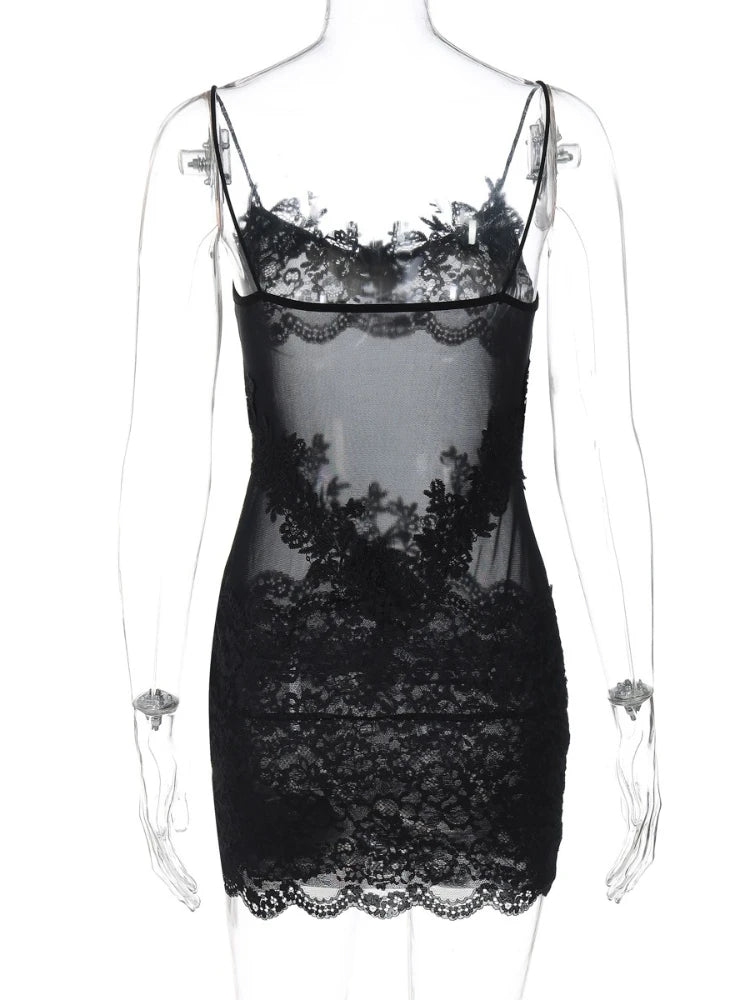 Woman Clothing Spaghetti Strap Mesh Lace Patchwork Party Club Dress Female Sexy See-through Sleeveless Short Evening Dresses