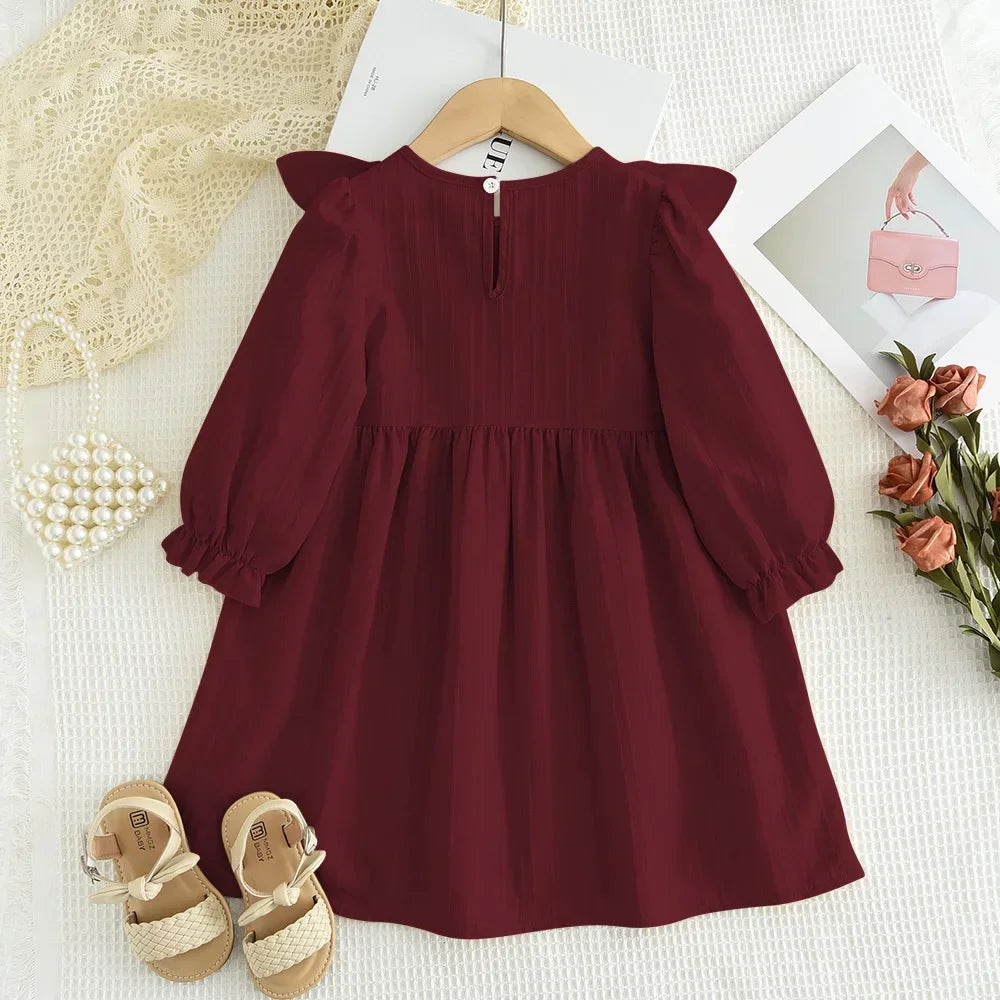 Plain Casual Girls Dress Autumn Long Sleeved Pleated Kids Dresses for Girls Pink Clothes Fashionable New Children's Clothing