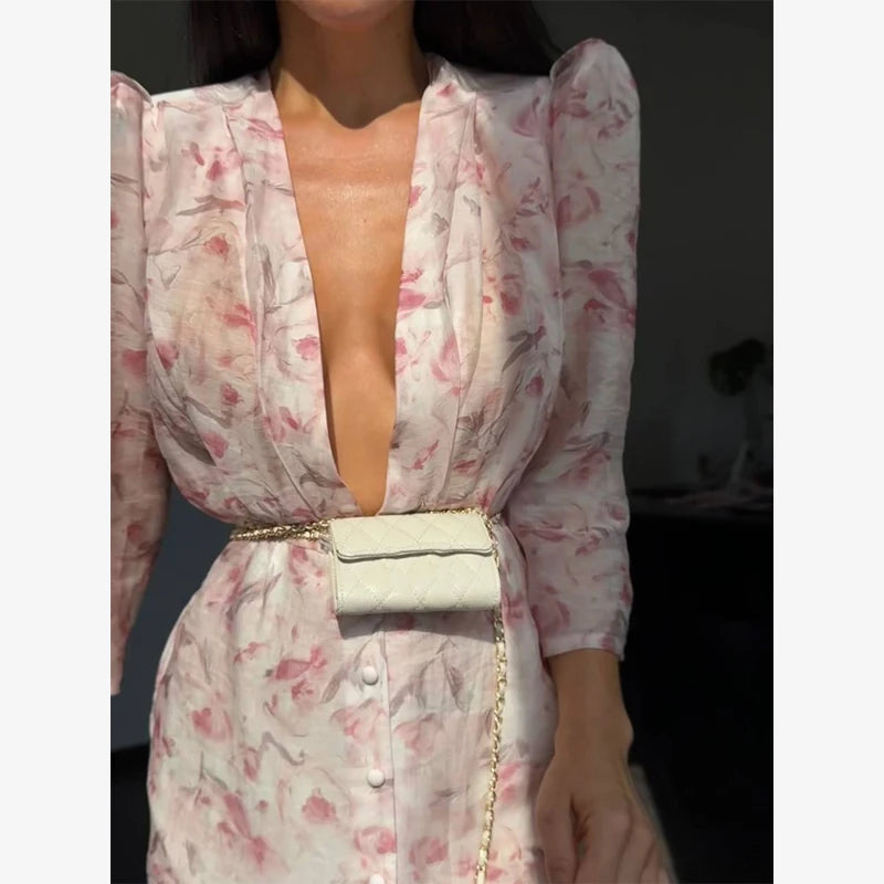 Women Floral Print Short Sleeve Maxi Dress Fashion V-neck Ruffle Trim Belted Slit Hem Dresses Casual Lady Daily Vacation Gowns