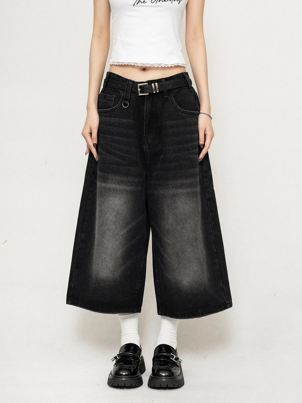 High Waist Black Retro Washed Denim Shorts Women's Harajuku Vintage Fashion Casual Loose Y2K Streetwear Mid Long Wide Leg Pants