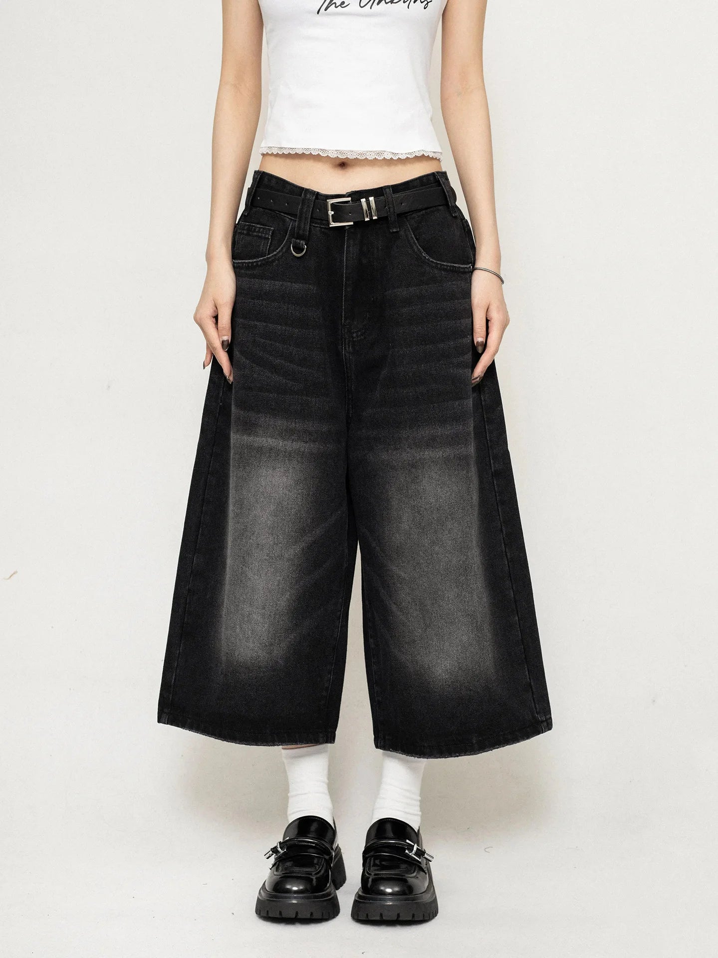 High Waist Black Retro Washed Denim Shorts Women's Harajuku Vintage Fashion Casual Loose Y2K Streetwear Mid Long Wide Leg Pants