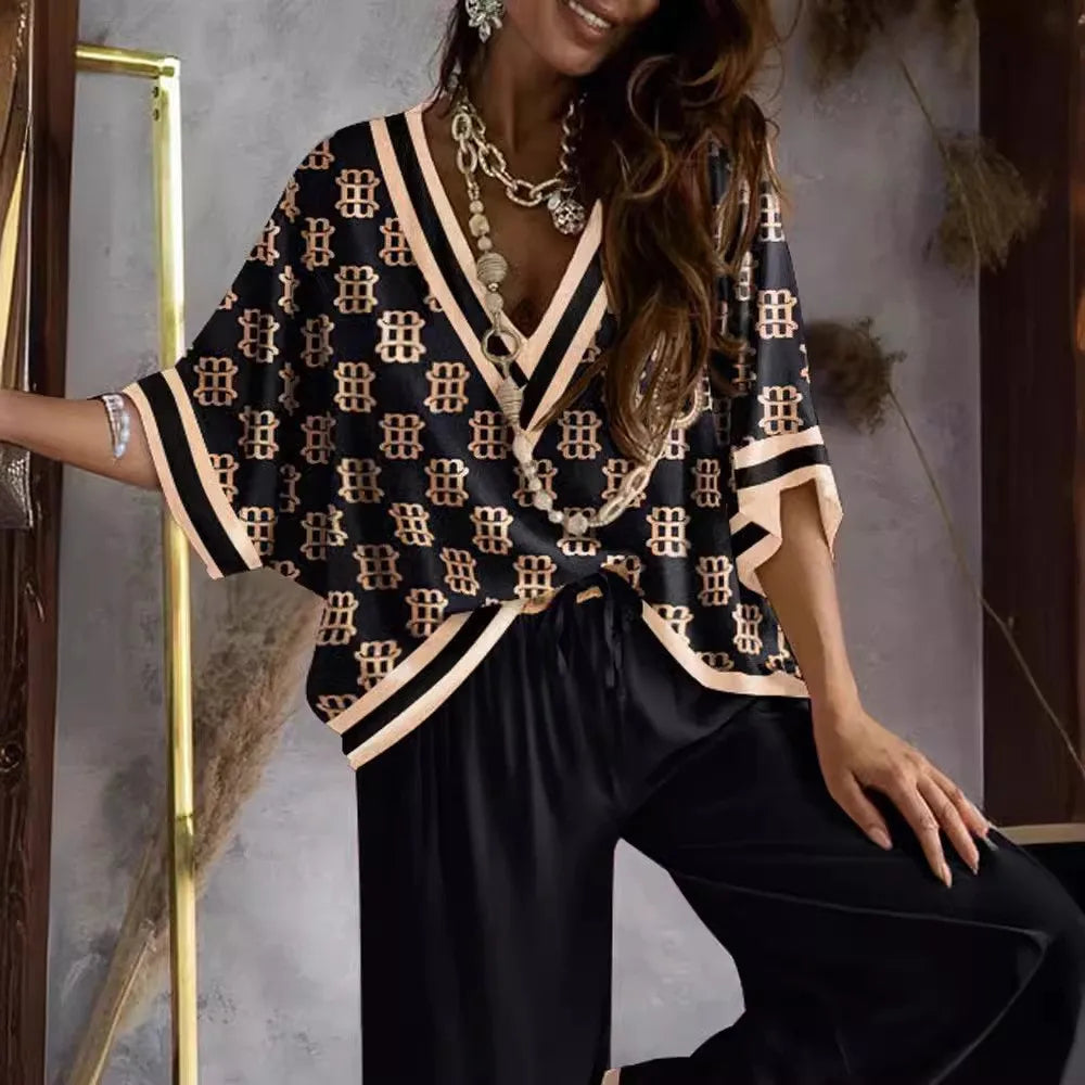 Sexy V Neck Batwing Sleeve Shirt Pants Sets For Women Spring Summer Fashion Print Blouse Trousers Two Piece Sets Femme Outfits