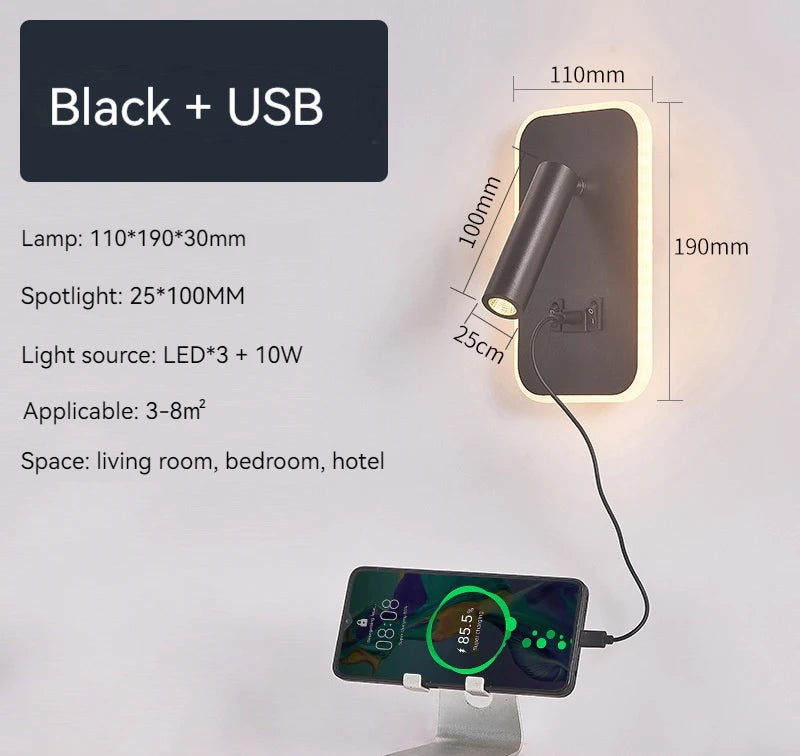 Bedside Wall Lamp, LED Wall Light, Wall Mounted Reading Light with Switch and USB Port, Rotatable Wall Sconce Wall Spotlight