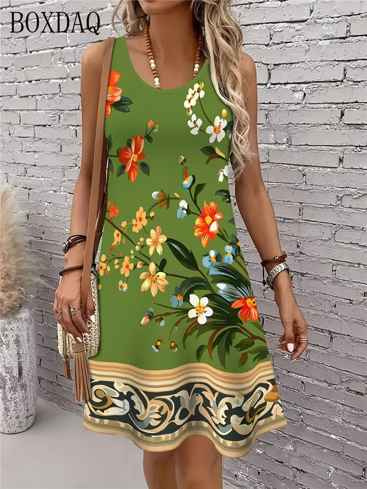 Women's Summer Dress Casual Sleeveless Round Neck Floral Print Loose Dress