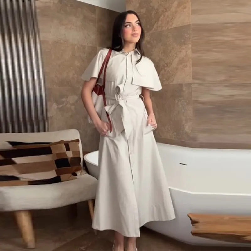 Women Trench Style Shirt Dress Solid Color Cape Sleeve Waist Belt Button Down Midi Skirt Casual Chic Daily Office Outfit New