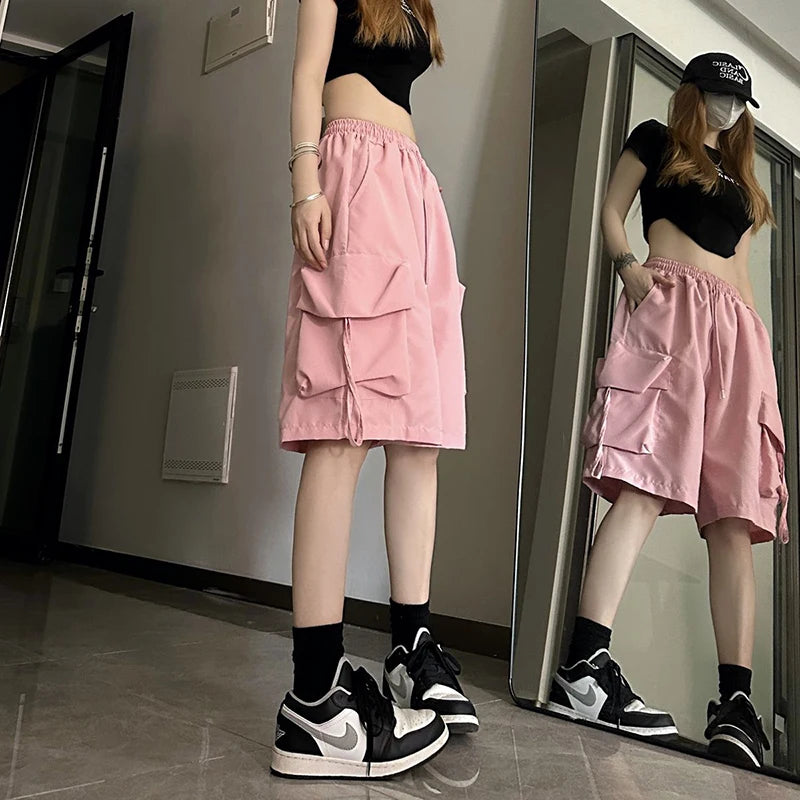 Gidyq Women High Waist Cargo Shorts American Style Streetwear Summer Wide Leg Pants Fashion Female Big Pocket Loose Shorts New