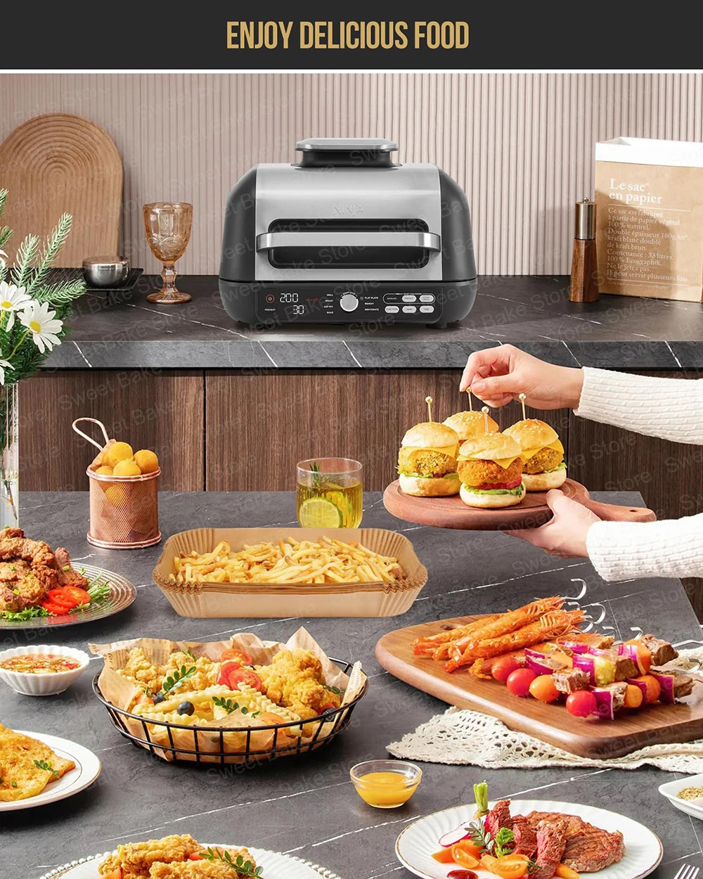 Air Fryer Liners Rectangular Disposable Parchment Paper for Ninja FG551 6-in-1 Grill Air Fryer Baking Accessories for Ninja XL