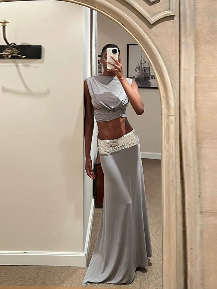 Elegance Boutique Maxi Party Dress Women's Hollow Back Lace Up A Line Gown Outfits 2026 Sexy Shaping Crops 2 Piece Set Vistidos