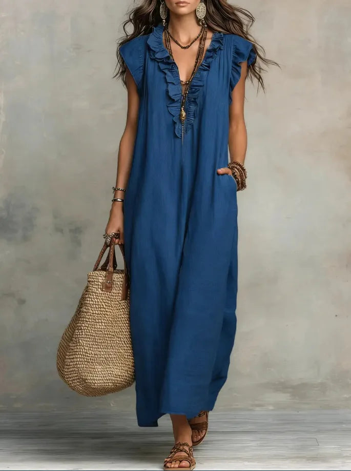 Women Spring Summer Boho Flutter Sleeve Floor Length Maxi Dress Elegant Beach Long Dress