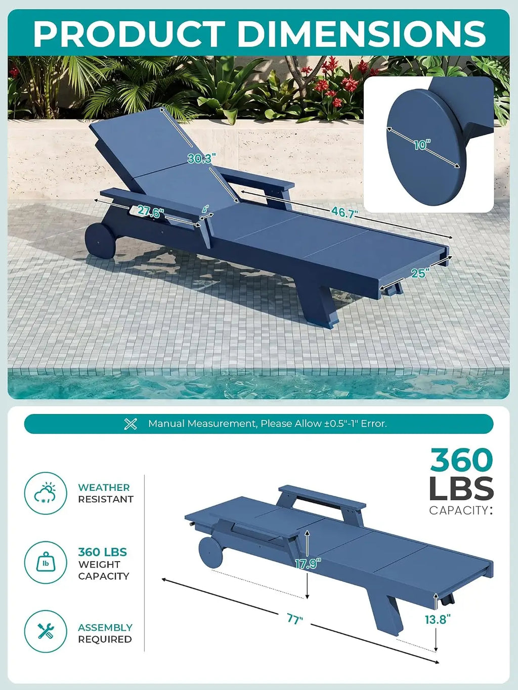 Oversized Outdoor Chaise Lounge HDPE Adjustable 5-Position Backrest Pool Patio Recliner, Customized