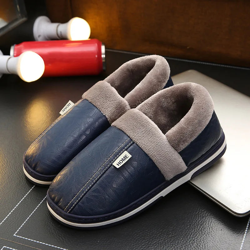 Big Size 50-51 Men Slippers Winter PU Leather Warm Indoor Waterproof Home Furry Flats Couples Slides Bedroom Non Slip Shoes