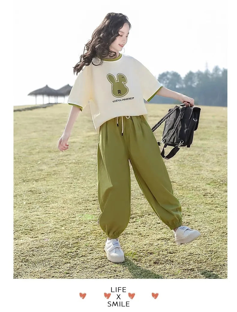 5 6 8 10 12 14 Years Summer Girls Clothing Sets Cute Rabbit Tops + Pants 2Pcs Outfits Kids Tracksuit Teenagers New Kids Clothes