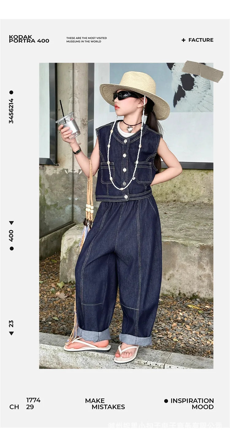 Summer teen Girls Denim Set 2024 Child Sleeveless Cowboy vest+Wide leg pants Two Piece junior kid jeans suit child outfits 10 12