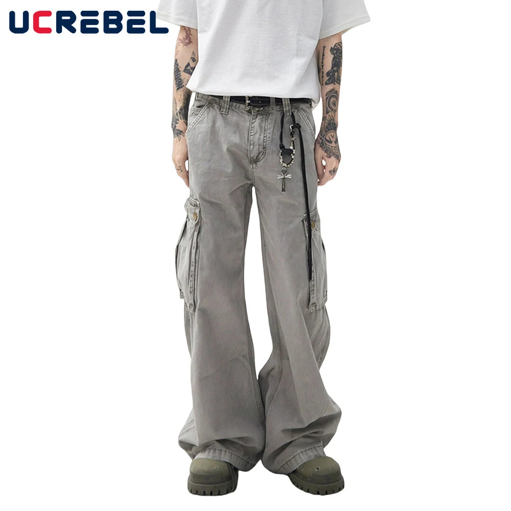Multi-Pocket Cargo Jeans Mens Retro High Street Washed Distressed Straight Wide Leg Trousers Men