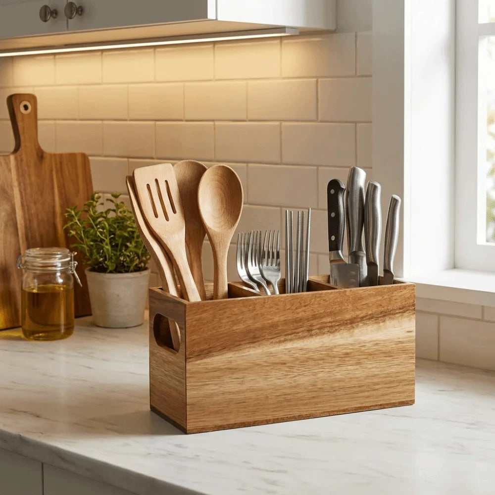 Kitchen Tools Wooden Utensil Organizer Space Saving 3 Compartment Cutlery Holder Rustic Durable Storage Rack Kitchen