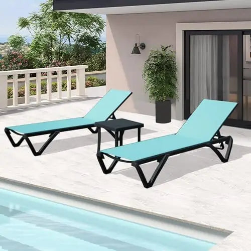 ！@！@3pcs Adjustable Aluminum Outdoor Sun Loungers Blue Textilene Side Table All Weather Leisure Deck Lawn Poolside Backyard Lake