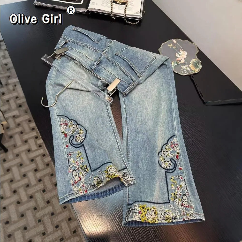 Jeans Casual Embroidered Wide Leg Jean Women's Pant Clothing 2026 Spring Trouser Summer High Waisted Elegant High-end