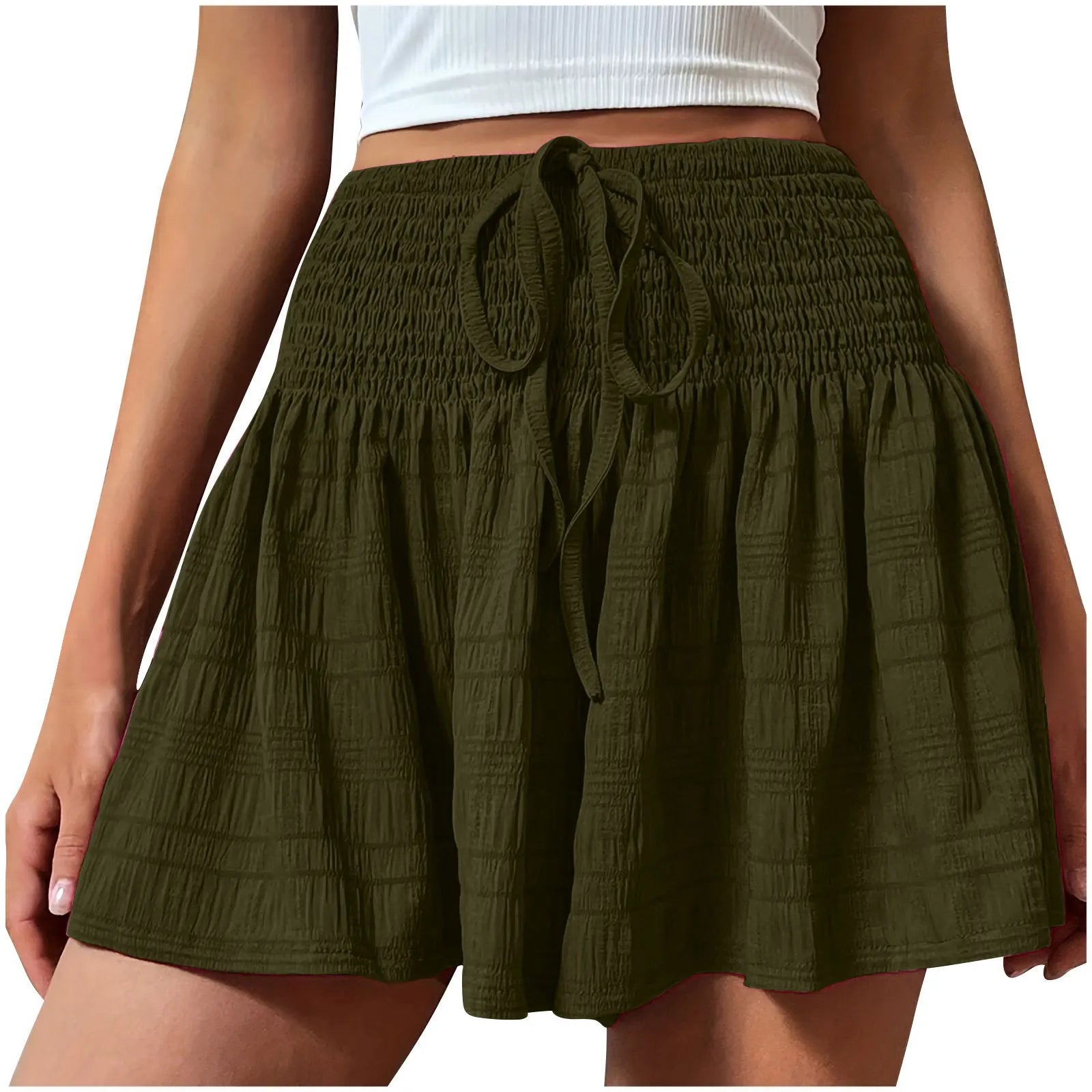 Women Casual High Waist Shorts Skirt Smocked Elastic Drawstring A-Line Flowy Short Skirt Pants Summer Solid Color Beach Skorts