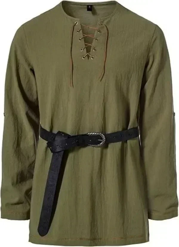 Men Medieval Lace Up Linen Long Sleeve Tunic Viking Pirate Renaissance Cosplay Shirt With Vintage Embossed Leather Belt