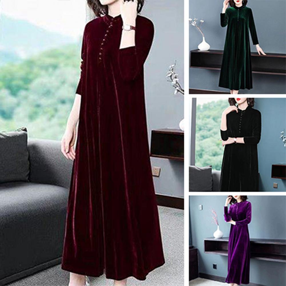 Women Fall Dress Solid Color Loose Long Sleeves Button Maxi Dress Keep Warm Velvet Mom Spring Dress Women Clothes