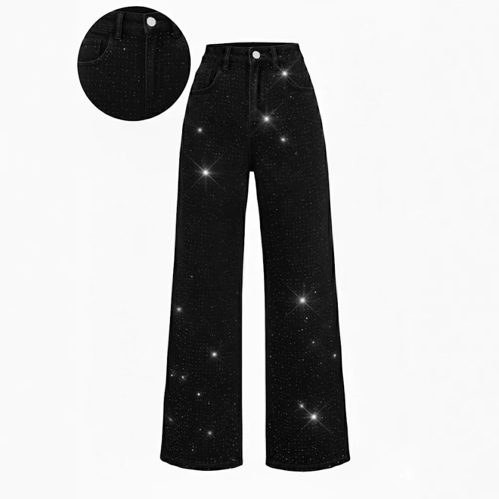 Women Diamonds Spliced Jeans Elegant Casual Midi Waist Denim Pants Solid Pockets Button Pant Washed Slight Strech Autumn Winter